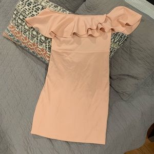 Super flattering blush pink off the shoulder dress